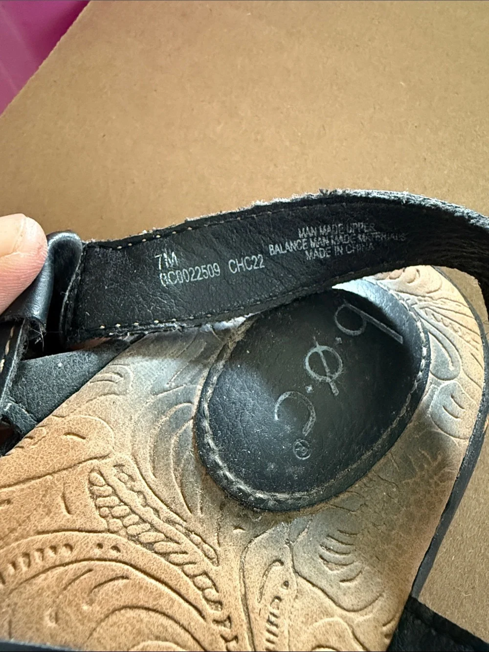 b.o.c. Black Leather Cross-Strap Sandals with Tan Embossed Footbed